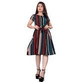 Women's Crep Striped Short Sleeve Dress (Red-Blue )